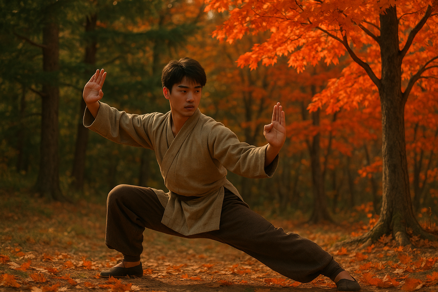 Jeune homme pratiquant les arts martiaux dans la nature en automne avec des teintes de vert,  terre et feu