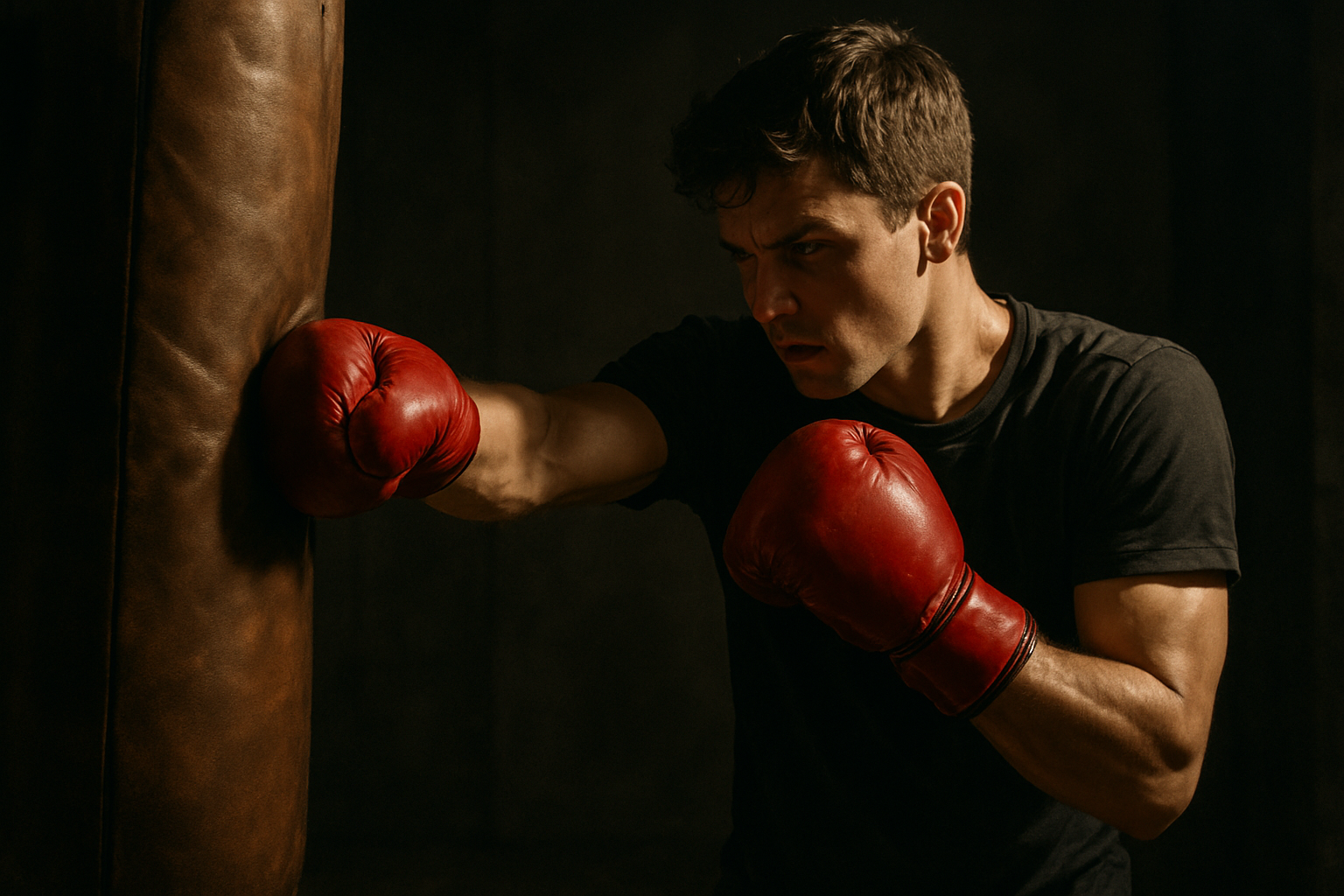 un jeune homme qui pratique la boxe avec des gants rouges et un sac de boxe brun dans une piece a demi eclairee